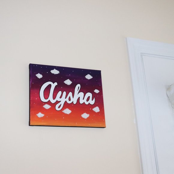 Handmade Personalized Name Canvas with sunset and embroidered cloud background. - Picture 4 of 4